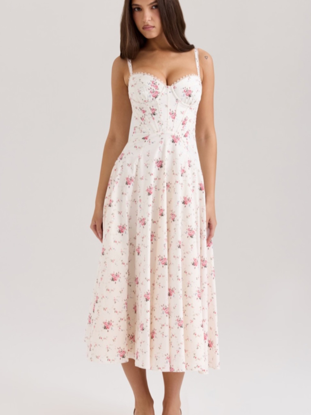 House of CB STEFFANI White Stretch Cotton Rose Print Midi Sundress